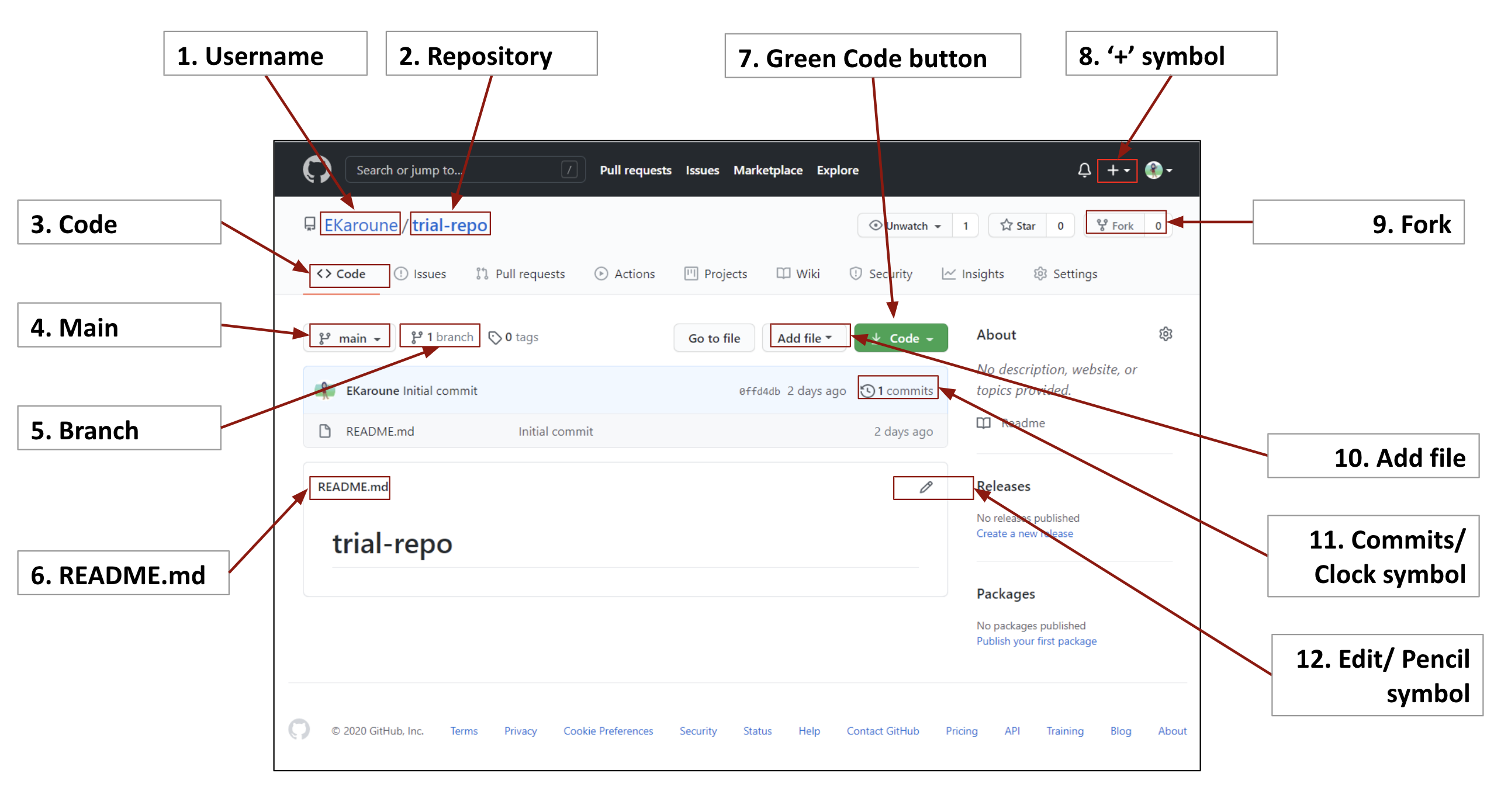 Annotated diagram of repository after its creation, explaining the main features. The main features are explained in the figure legend.